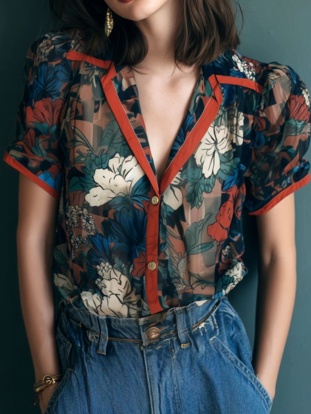 sheer floral short sleeve blouse